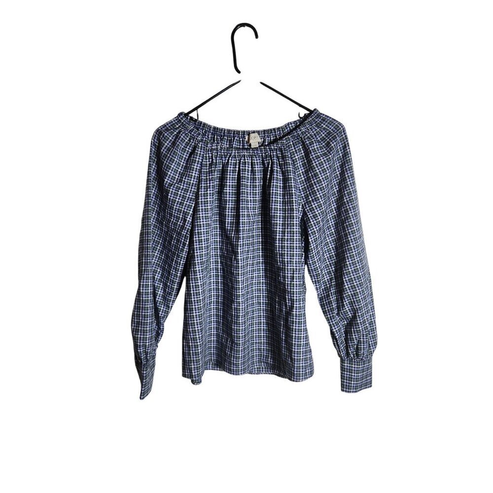 Loft Womens Off-Shoulder Plaid Blouse XS Polyester Rayon Blue/Green